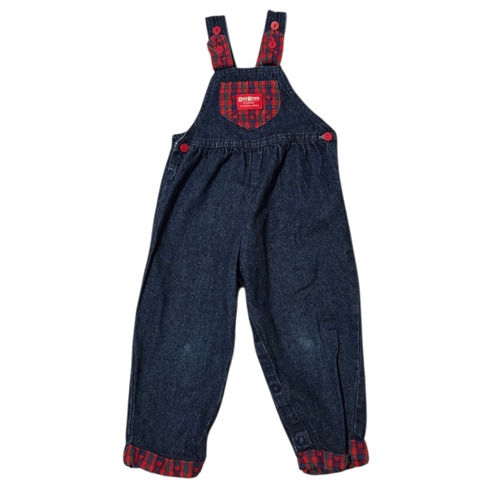 Vintage Oshkosh B'gosh Denim Overalls Red Plaid Apple Print Bow USA Girls 3T